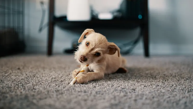 Small dog lying on a gray wall-to-wall carpet chewing a treat