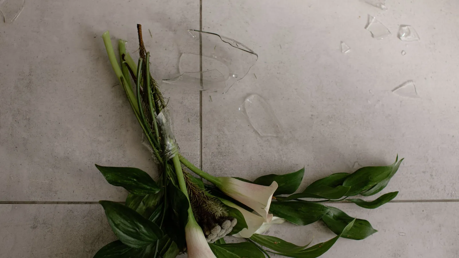 Broken vase and scattered flowers on a tiled floor