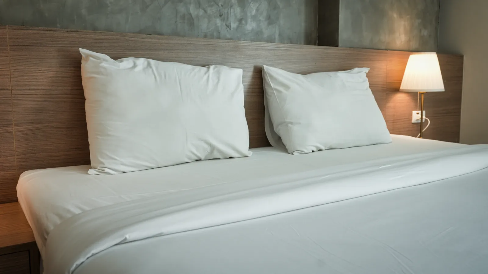 Neatly made guest bed with a warm bedside lamp
