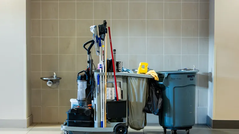 Janitorial cart with mop, bins and supplies parked against a tiled wall