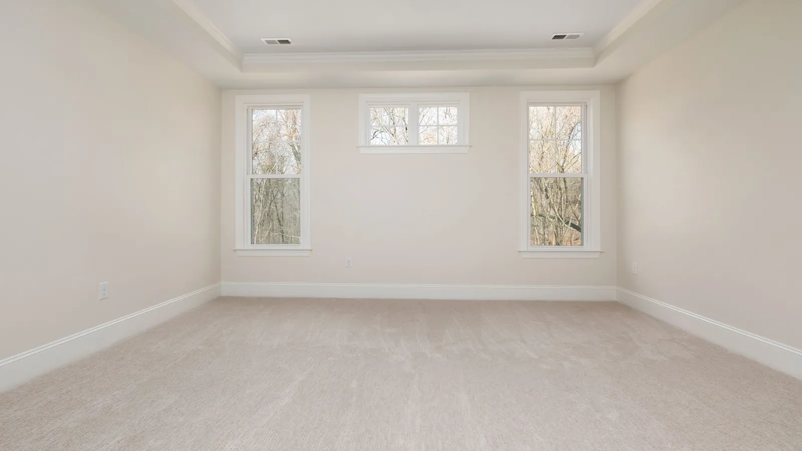 Empty carpeted room with three windows and natural light