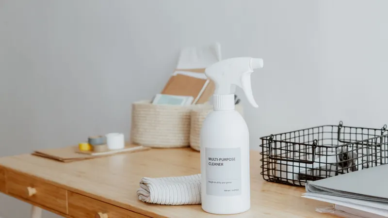 Plain spray bottle of multi-purpose cleaner on a wooden desk with a folded cloth