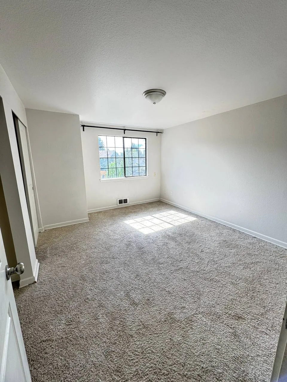 Before: empty bedroom carpet with closet and grid window