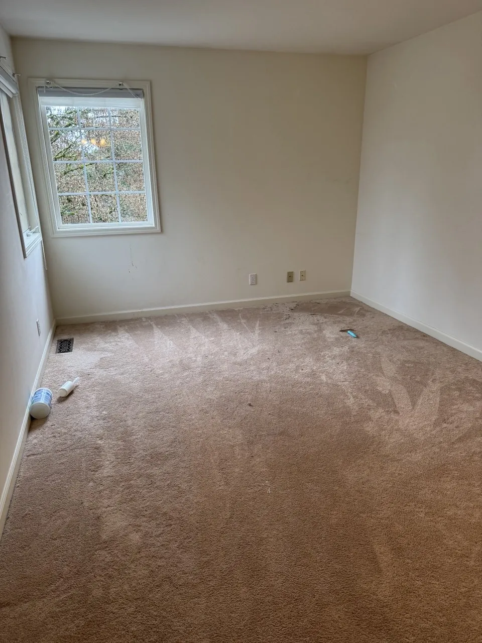 Before: empty bedroom carpet with a grid window