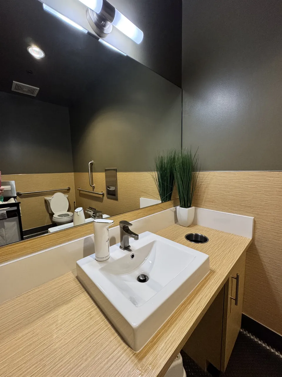 Clinic restroom: vessel sink, wood-look counter, mirror and grab bars