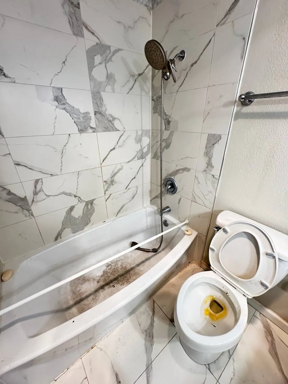 Before: bathtub, marble-look tile and toilet