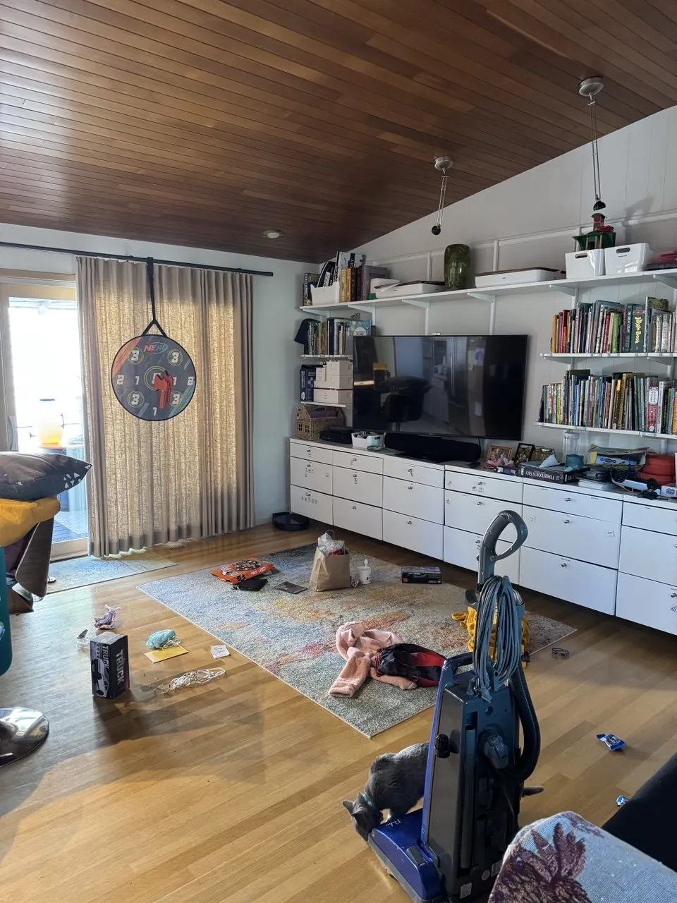 Before: living room with wood ceiling, white storage wall and area rug