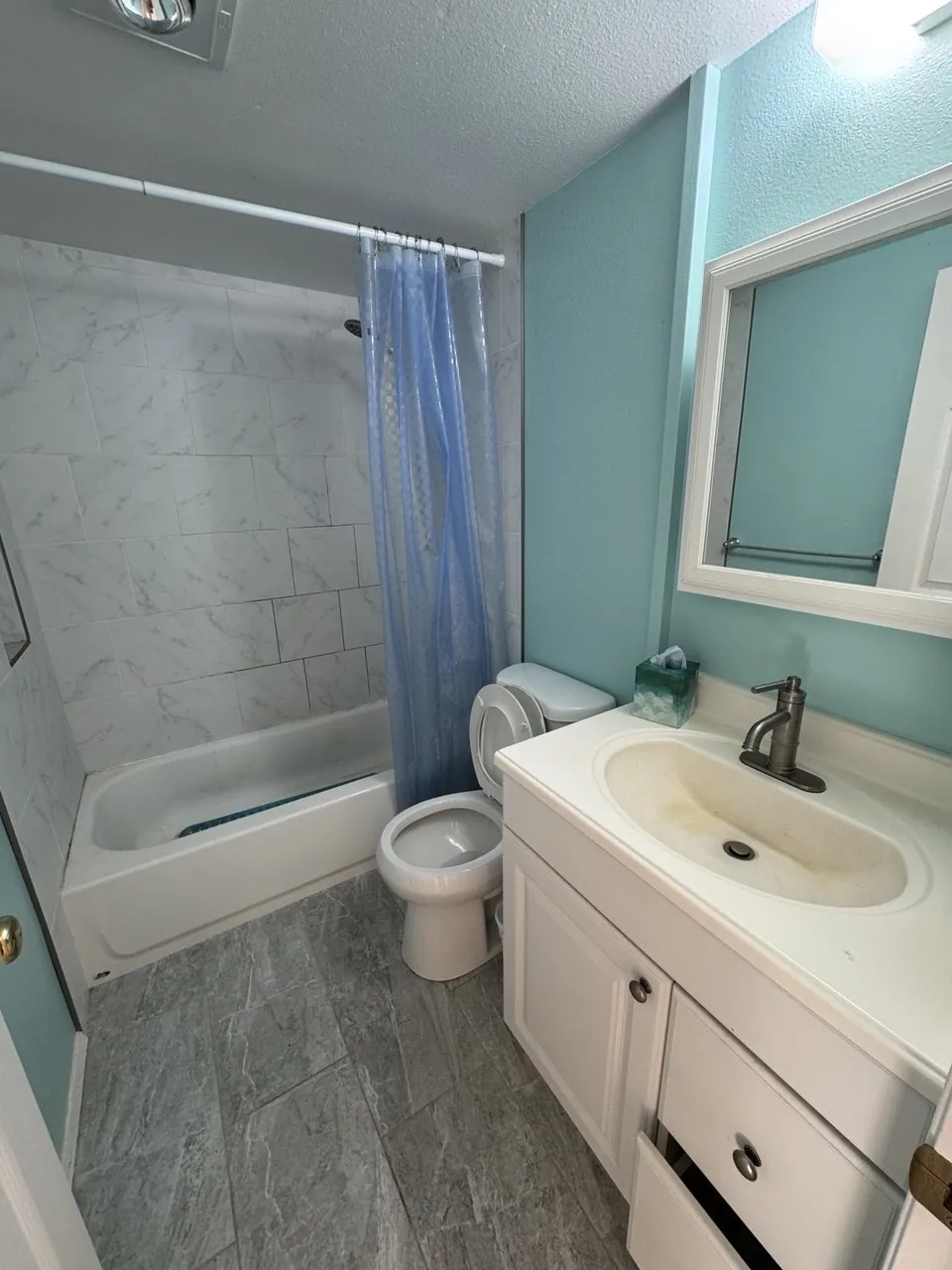 Before: bathroom with tub, toilet and vanity