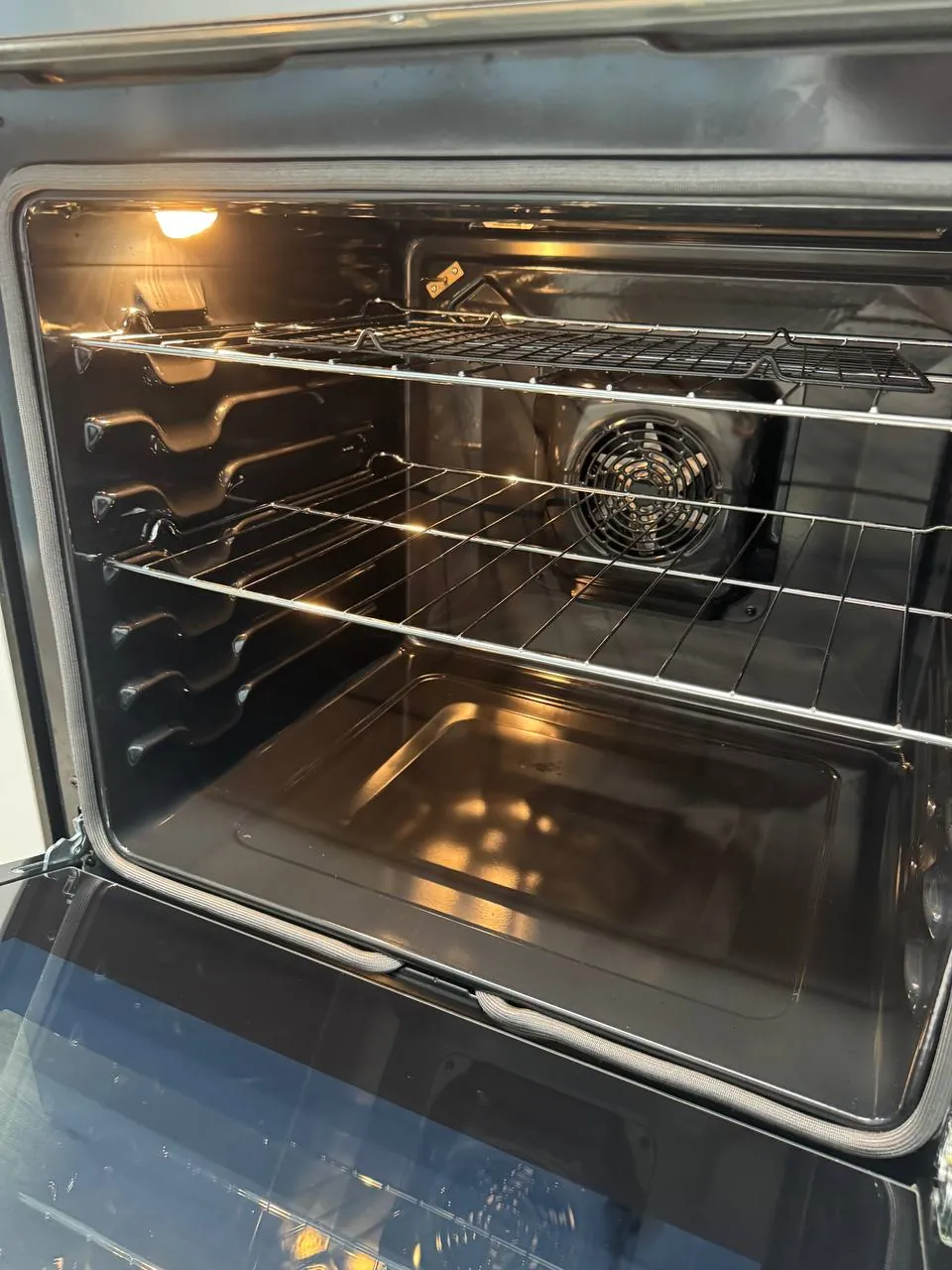 Oven interior with racks and convection fan