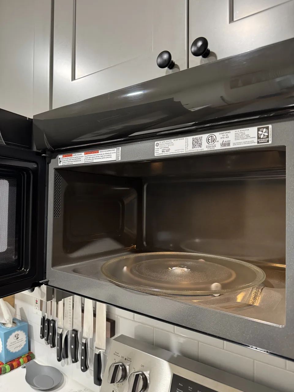 Inside an over-the-range microwave with glass turntable