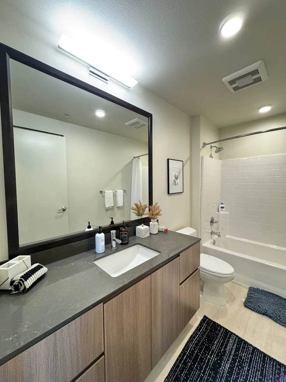 Bathroom vanity with large framed mirror, toilet and tub