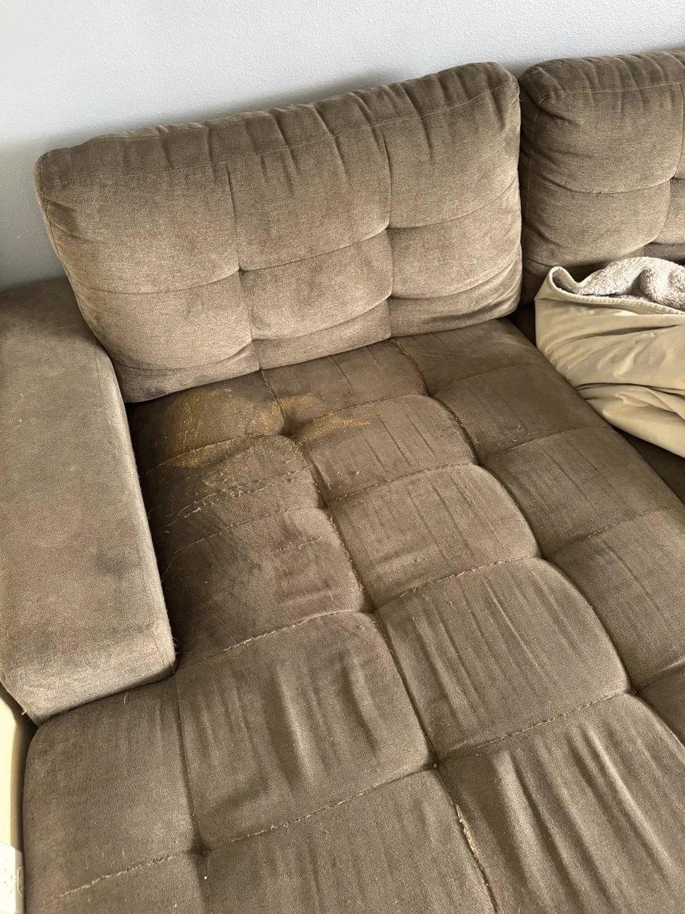 Before: stained seat cushion on a gray fabric sectional